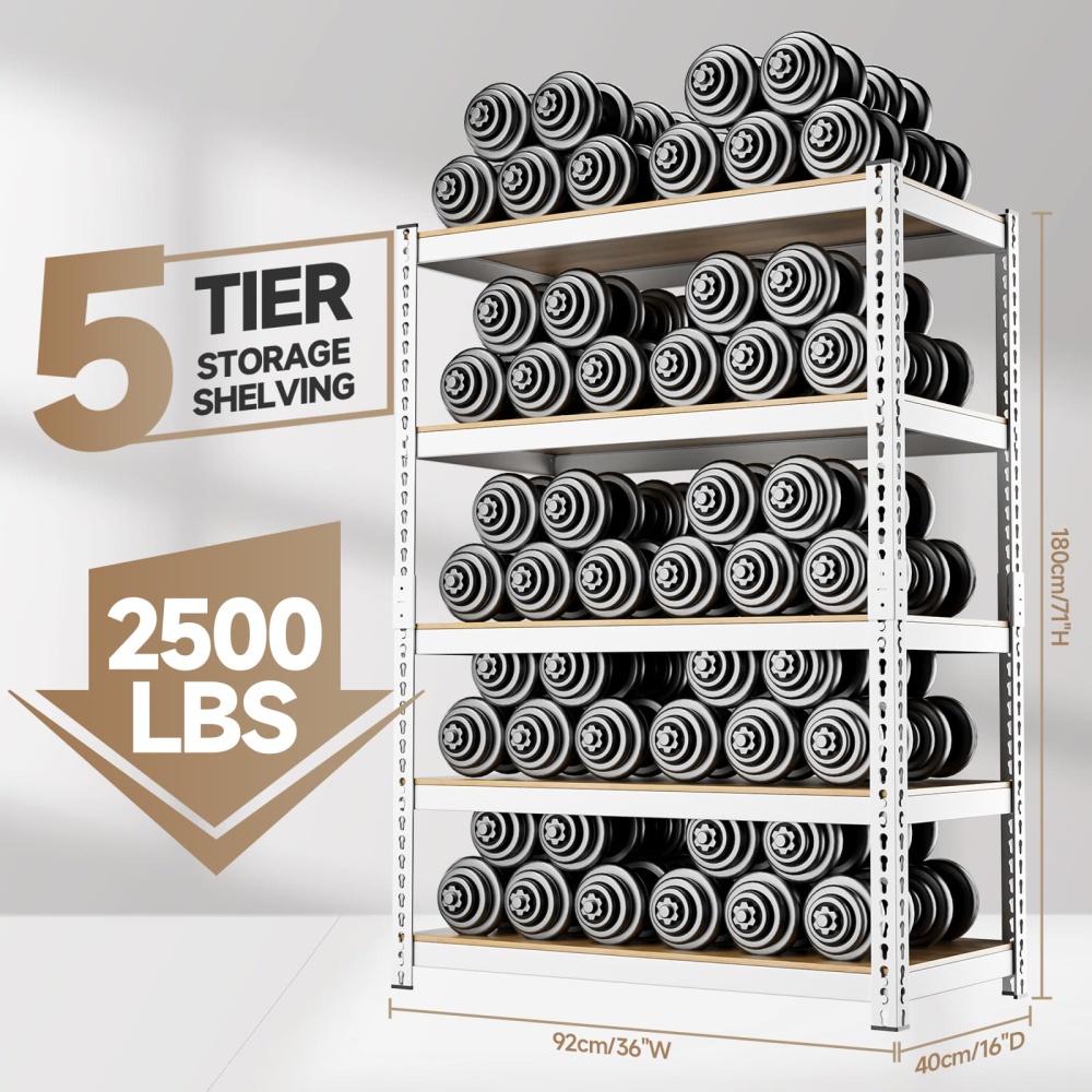 36"W 5-Tier Adjustable White Metal Shelf, 36"W x 16"D x 71"H 2500LBS Pantry Shelving Units For Kitchen, White