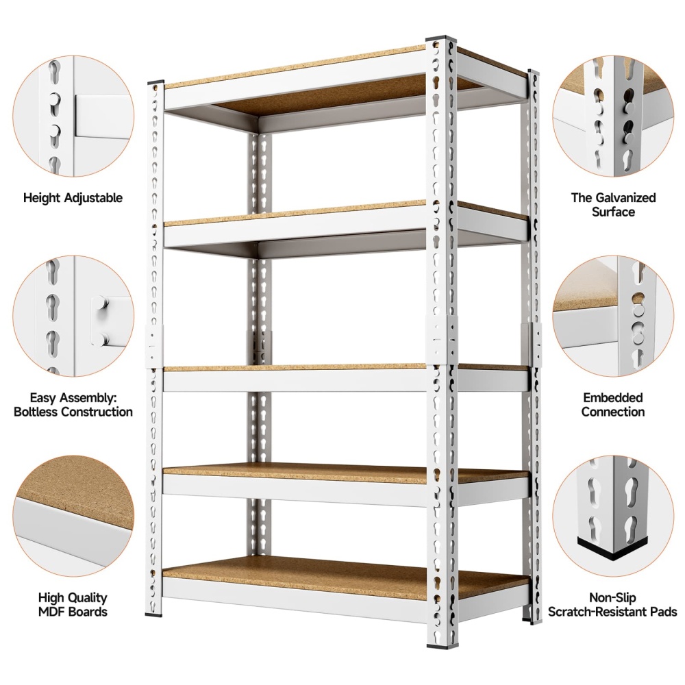 27.5" W 5-Tier Pantry Adjustable Metal Shelving, 27.5"W x 12"D x 60"H Shelves for Pantry/Outdoor/Garage Storage, White