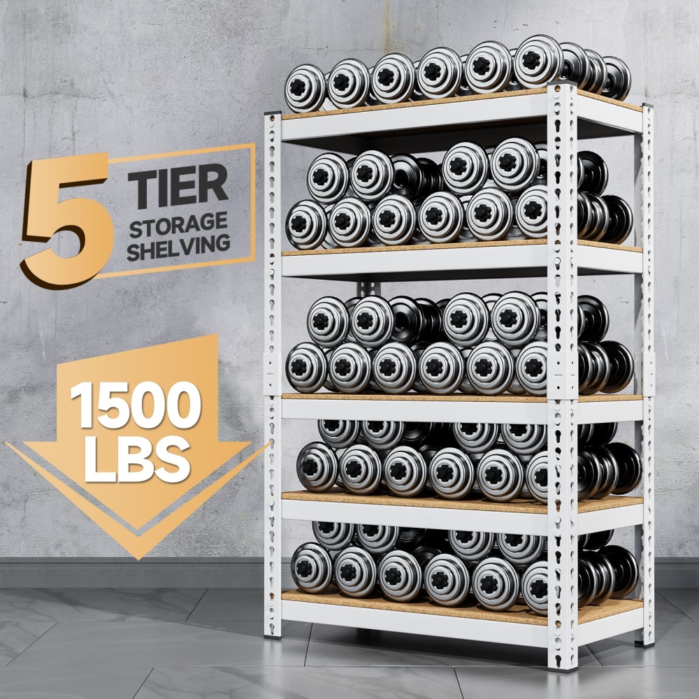 27.5" W 5-Tier Pantry Adjustable Metal Shelving, 27.5"W x 12"D x 60"H Shelves for Pantry/Outdoor/Garage Storage, White