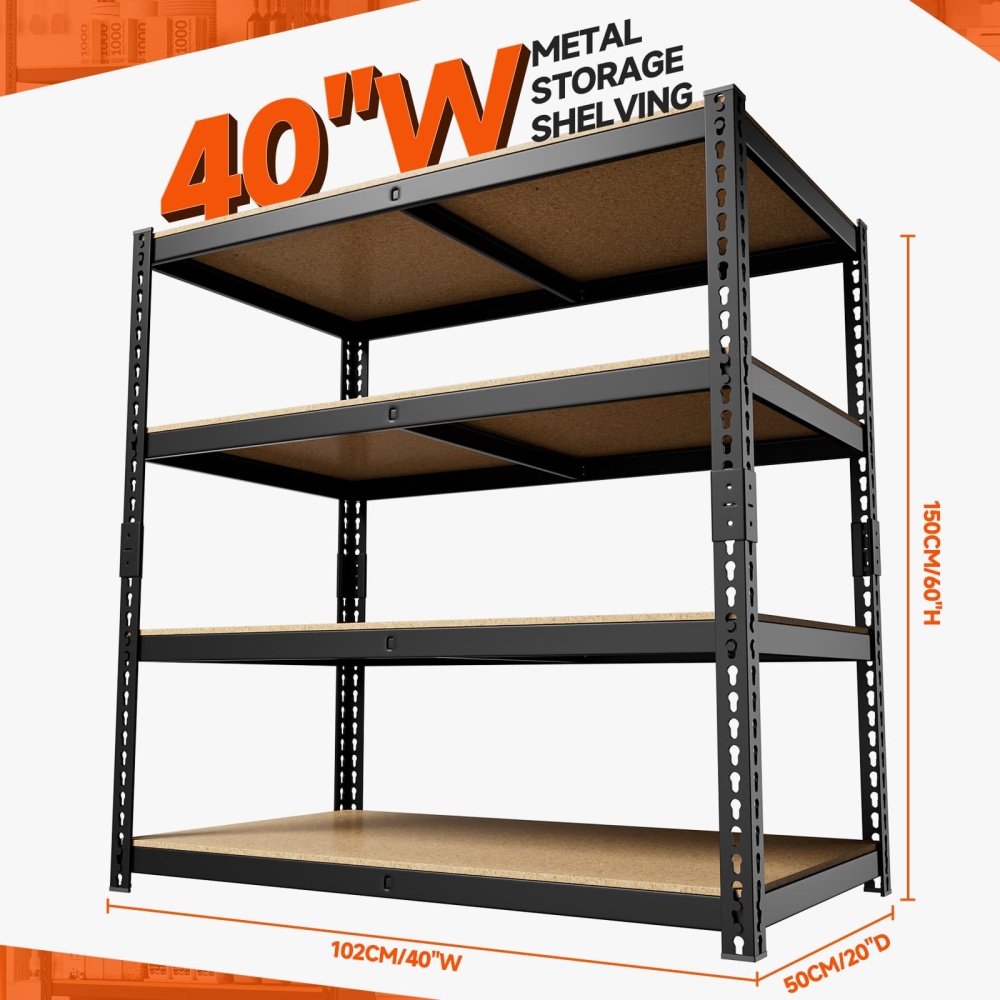 40"W Storage Shelves, 40"W x 20"D x 60"H 4-Tier Garage Shelving Storage Rack 2000LBS Metal Shelving Units