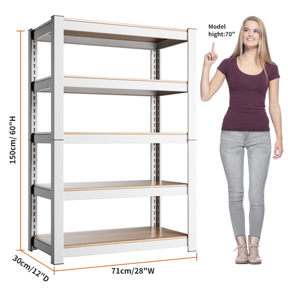 28"W 5-Tier White Pantry Storage Shelves, 28"W x 12"D x 60"H 1800LBS Adjustable Metal Shelves For Kitchen/Laundry Room