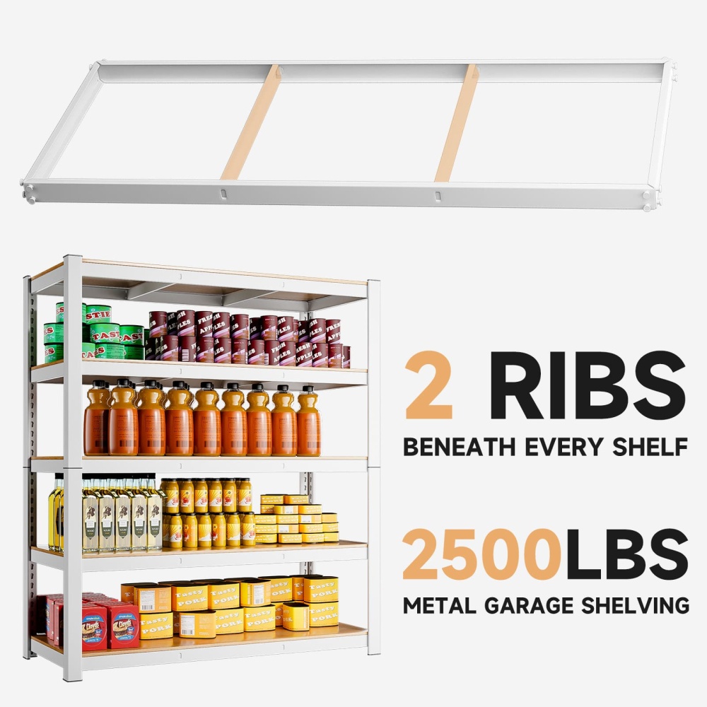 48"W 5-Tier White Storage Shelves, 48"W x 16"D x 71"H 2500LBS Shelves For Garage/Office/Pantry/Basement/Warehouse
