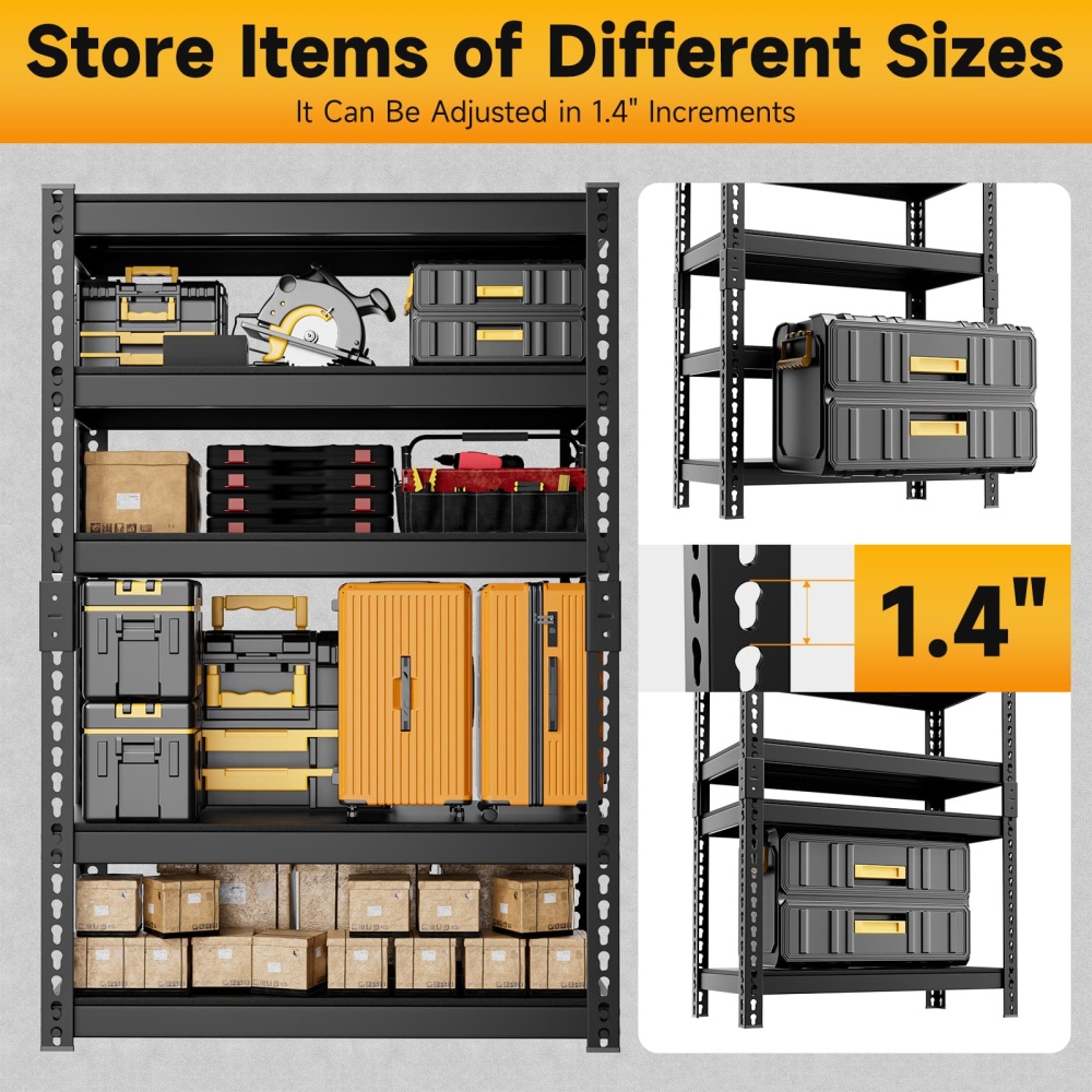 28"W 5-Tier Metal Shelf Garage Steel Shelves 28"W x 12"D x 60"H Adjustable Heavy Duty Shelves for Basement Kitchen, Black