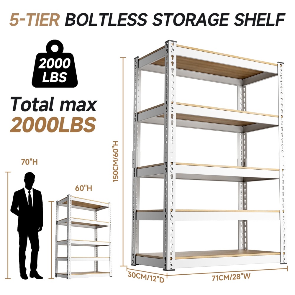 28"W 5-Tier White Pantry Shelves, 28"W x 12"D x 60"H 2000LBS Adjustable Heavy Duty Storage Utility Shelves For Basement