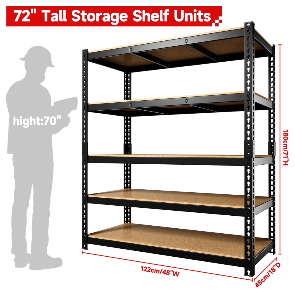48"W 5-Tier Garage Storage Shelves, 48" W x 18" D x 71" H Heavy Duty Adjustable Garage Shelving, 2500LBS Capacity