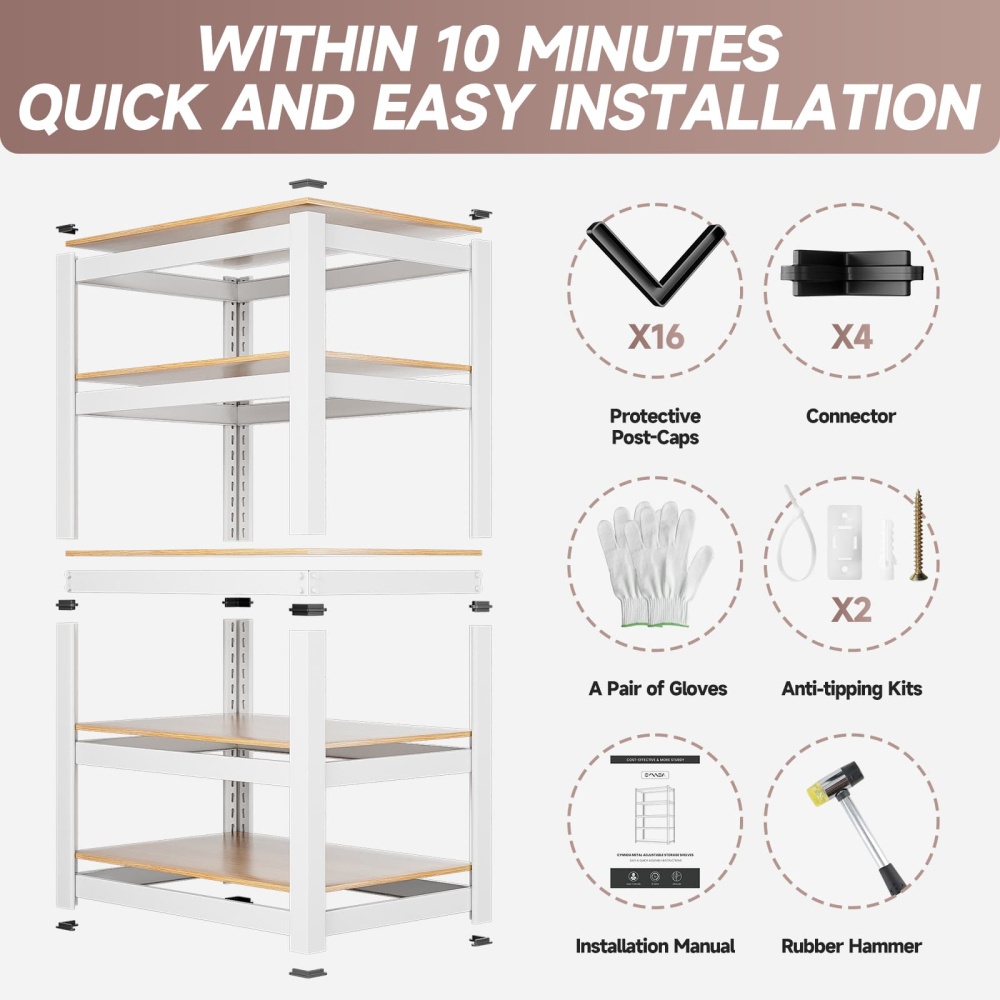 24"W 5-Tier Adjustable Storage Utility Shelves, 24"W x 16"D x 60"H Heavy Duty Metal Shelving for Kitchen/Pantry/Closet, White
