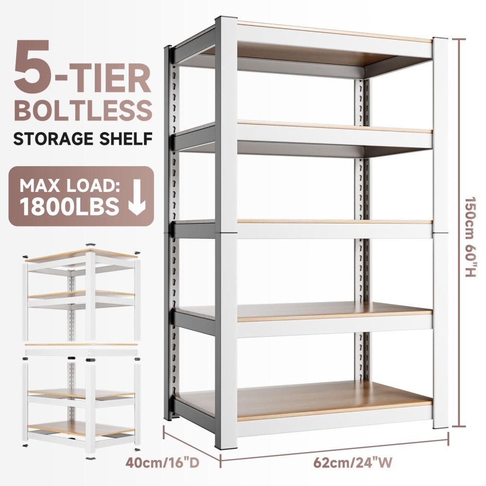 24"W 5-Tier Adjustable Storage Utility Shelves, 24"W x 16"D x 60"H Heavy Duty Metal Shelving for Kitchen/Pantry/Closet, White