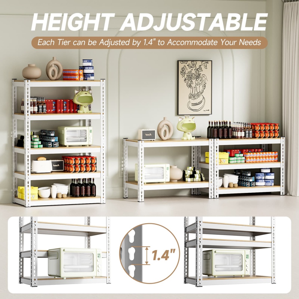 28"W 5-Tier White Pantry Shelves, 28"W x 12"D x 60"H 2000LBS Adjustable Heavy Duty Storage Utility Shelves For Basement