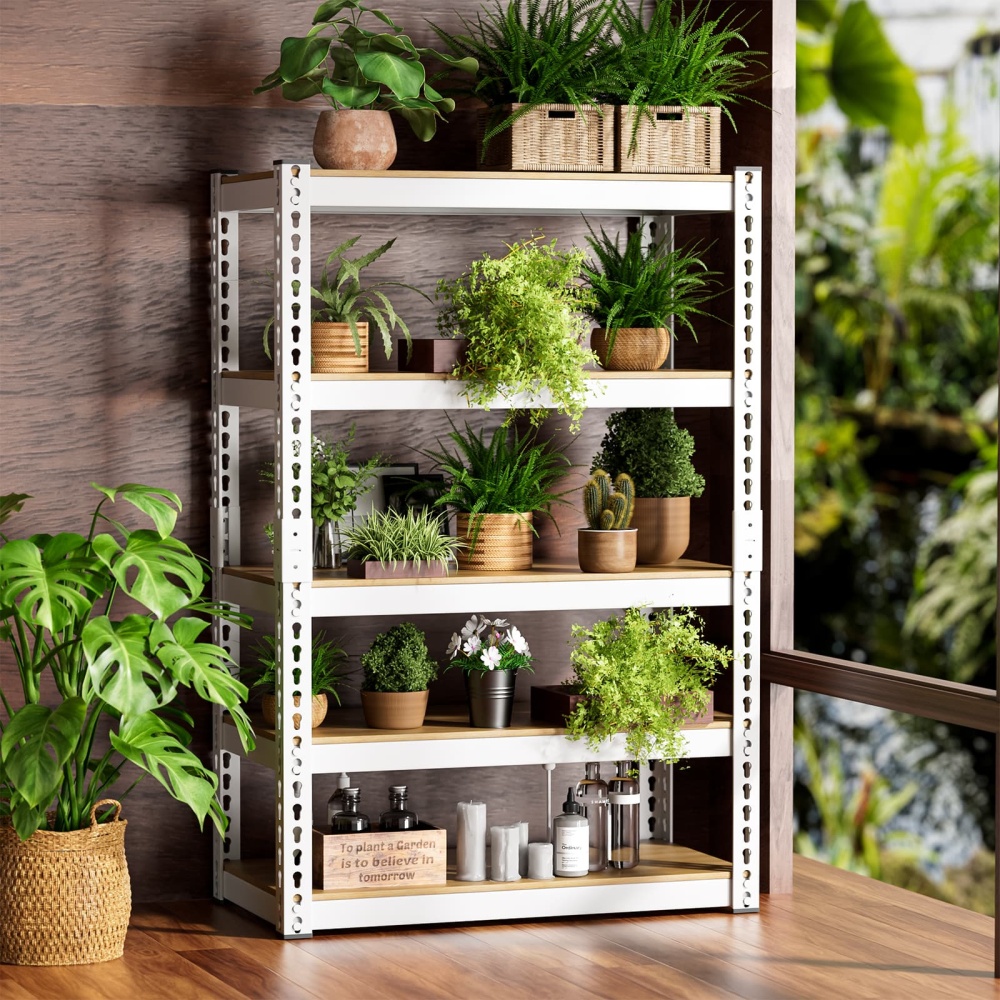 28"W 5-Tier White Pantry Shelves, 28"W x 12"D x 60"H 2000LBS Adjustable Heavy Duty Storage Utility Shelves For Basement
