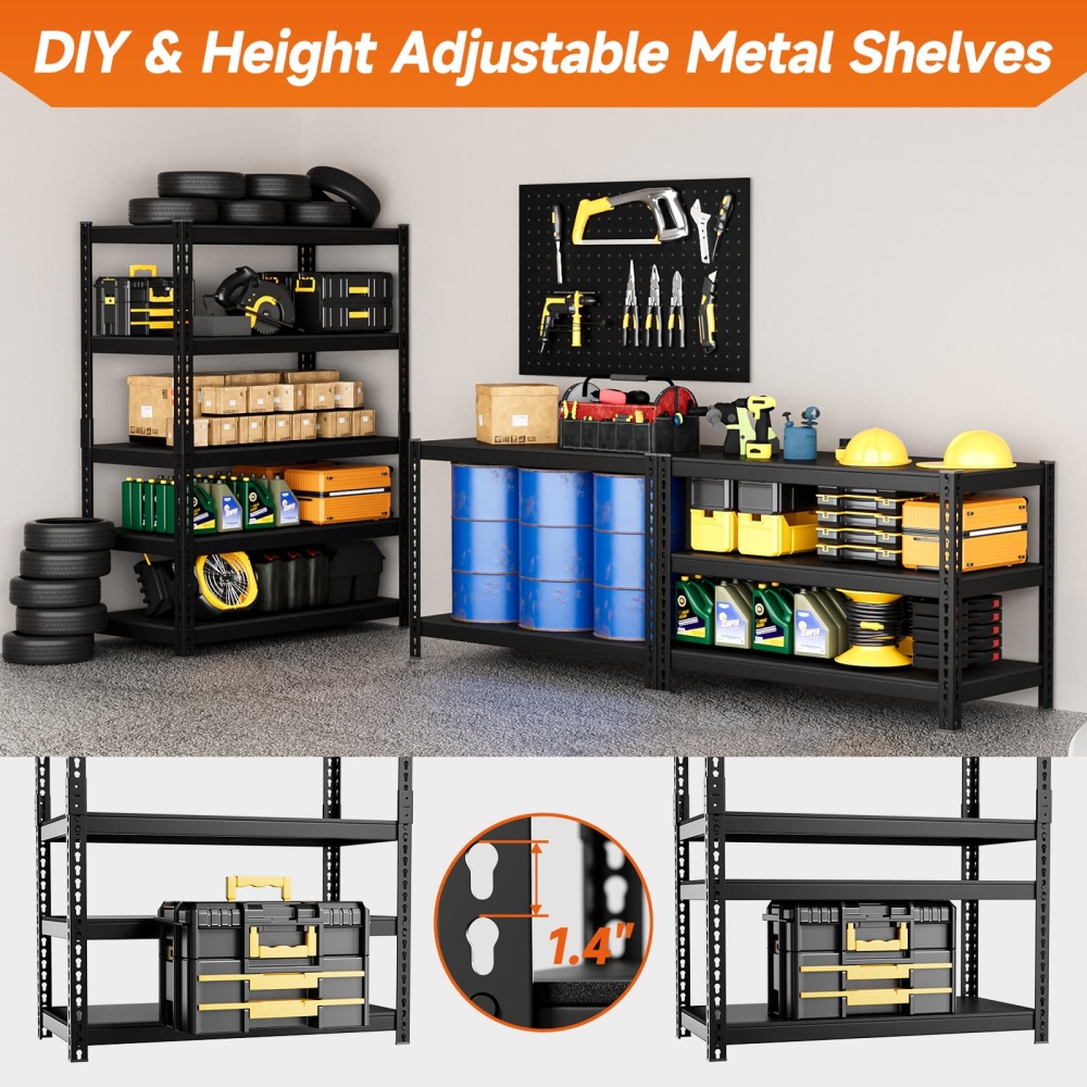 36"W 5-Tier Metal Garage Shelving, 36"W x 16"D x 71"H Heavy Duty Shelving Unit Adjustable Standing Storage Racks, 2500LBS, Black