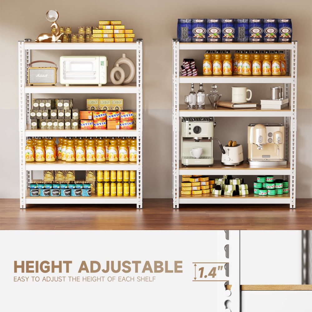 36"W 5-Tier Adjustable White Metal Shelf, 36"W x 16"D x 71"H 2500LBS Pantry Shelving Units For Kitchen, White