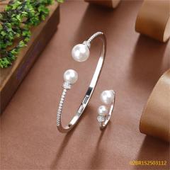 925 Silver Bridal Pearl Bangle and Ring Set