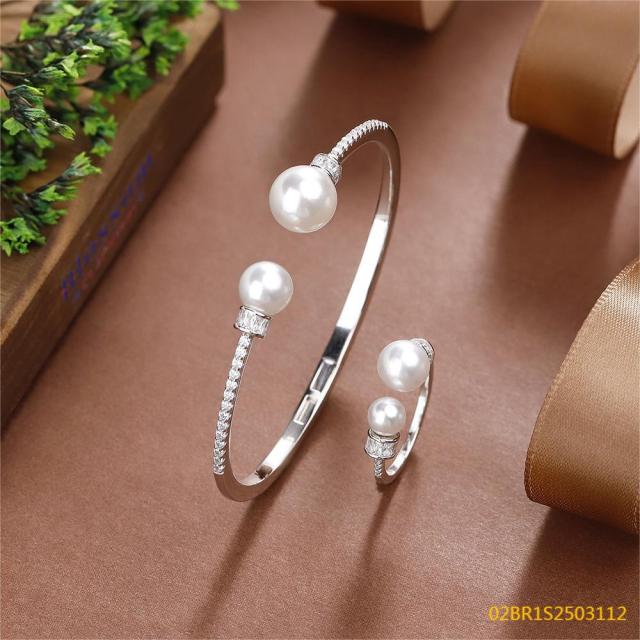 925 Silver Bridal Pearl Bangle and Ring Set
