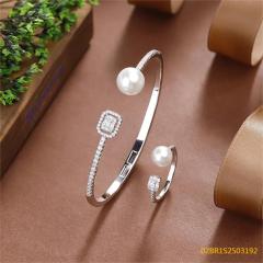 925 Silver Bridal Pearl Bangle and Ring Set