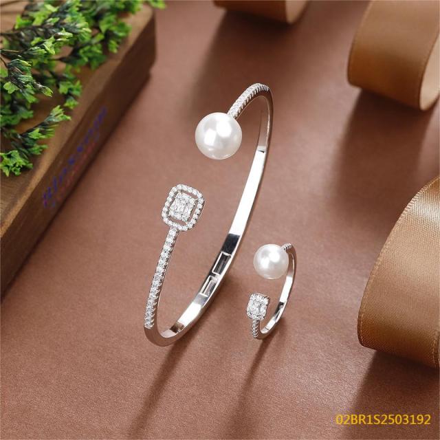 925 Silver Bridal Pearl Bangle and Ring Set