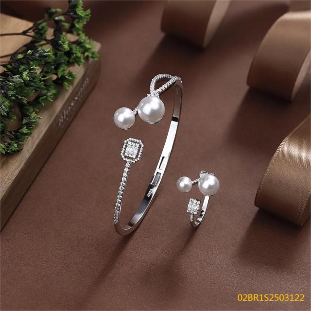925 Silver Bridal Pearl Bangle and Ring Set