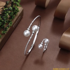 925 Silver Bridal Pearl Bangle and Ring Set