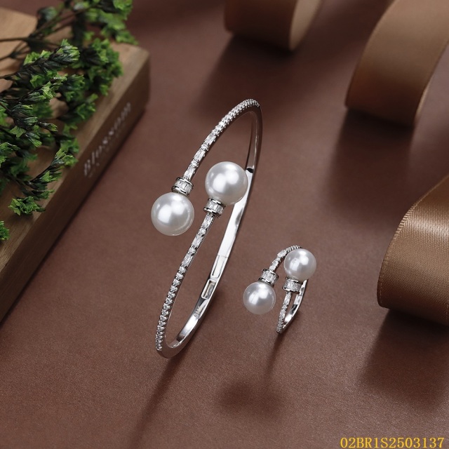 925 Silver Bridal Pearl Bangle and Ring Set