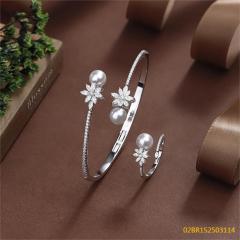 925 Silver Bridal Pearl Bangle and Ring Set