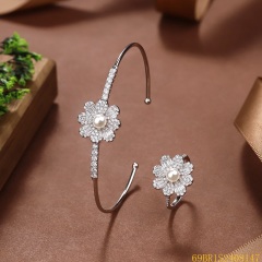 925 Silver Bridal Pearl Bangle and Ring Set