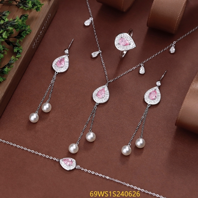 طقم مجوهرات من الفضة الإسترليني عيار 925 مع اللؤلؤ
