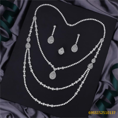 Blossom CS Jewelry بالجملة فضة 925 زركون عقد طويل متعدد الطبقات على شكل قطرة مع أقراط وخاتم أنيق للسيدات