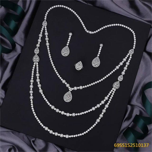 Blossom CS Jewelry بالجملة فضة 925 زركون عقد طويل متعدد الطبقات على شكل قطرة مع أقراط وخاتم أنيق للسيدات