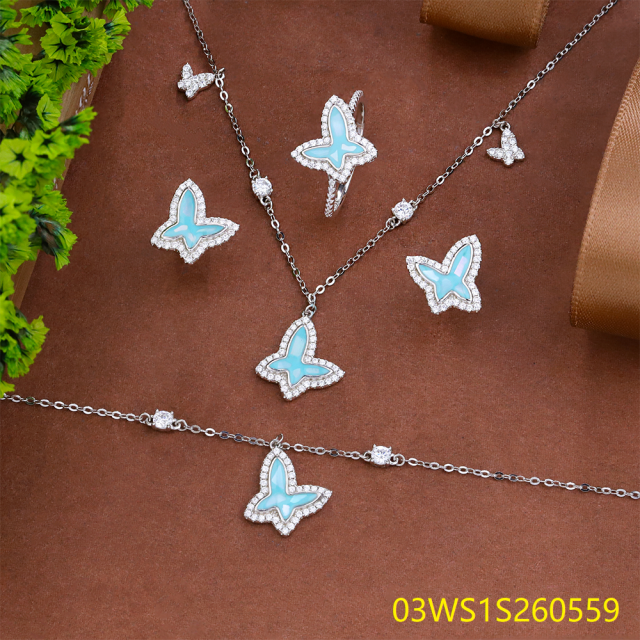 Blossom CS Jewelry بالجملة فضة 925 زركون طقم عقد وأقراط وخاتم وسوار بفراشة مينا زرقاء رقيق يومي للسيدات