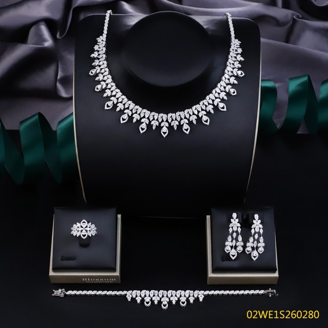 Blossom CS Jewelry طقم عروس أوراق مرمرية مفرغة محيط شرابة طوق | فضة 925 4 قطع زفاف