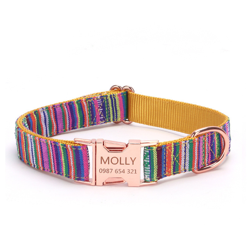 Wholesale Custom Pet Dog Collar Colorful Stripes Medium Small Luxury Nylon Metal Buckle Pet Dog Collar and Leash Set