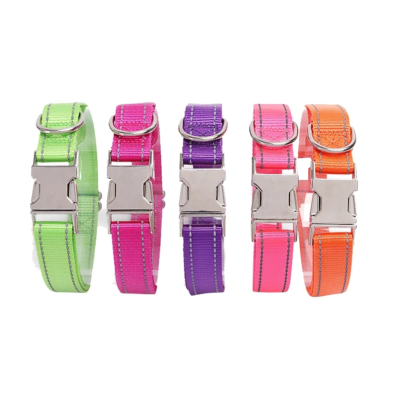 Manufacturer Direct Sale Pet Supplies Nylon Reflective Pet Dog Collar Solid Color Lettering Metal Buckle Collar for Cats Dogs