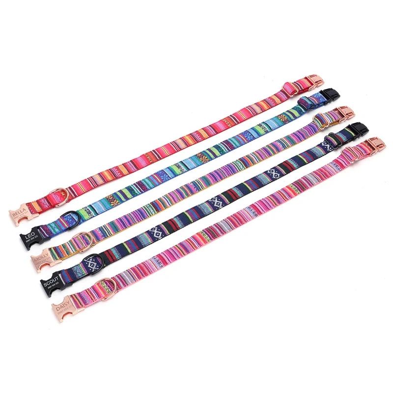 Wholesale Custom Pet Dog Collar Colorful Stripes Medium Small Luxury Nylon Metal Buckle Pet Dog Collar and Leash Set