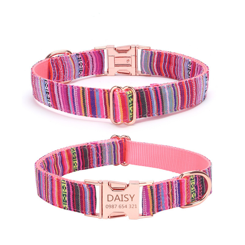 Wholesale Custom Pet Dog Collar Colorful Stripes Medium Small Luxury Nylon Metal Buckle Pet Dog Collar and Leash Set