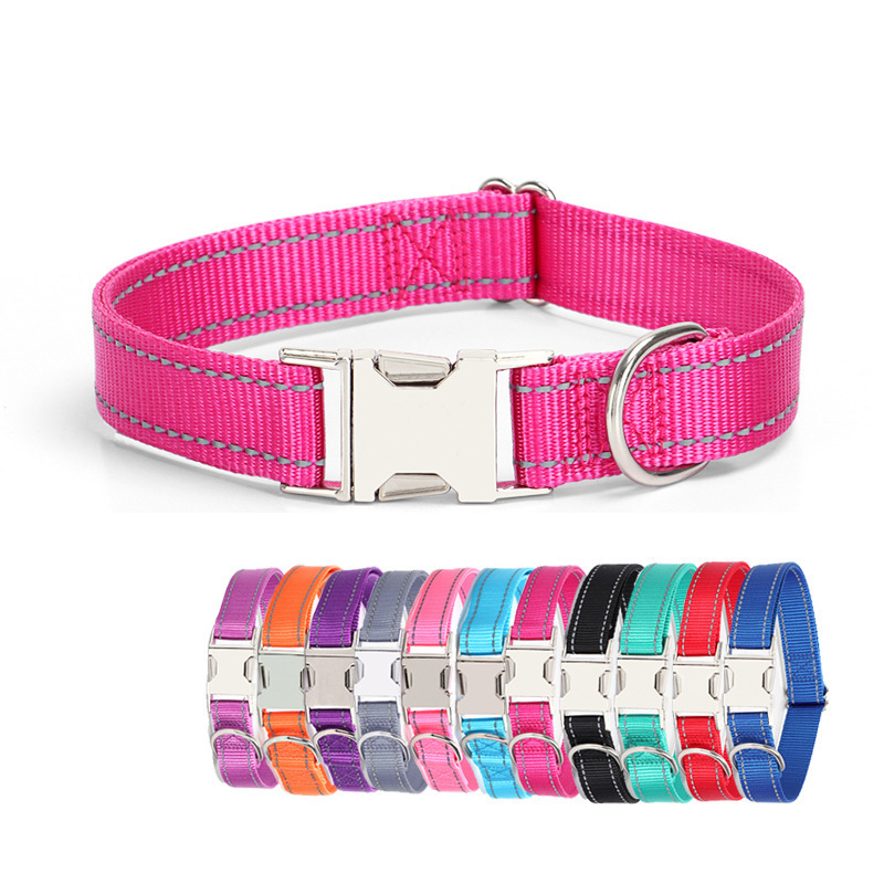 Manufacturer Direct Sale Pet Supplies Nylon Reflective Pet Dog Collar Solid Color Lettering Metal Buckle Collar for Cats Dogs