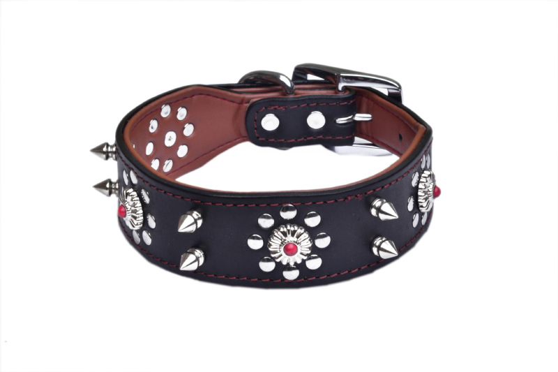 Natural Leather Spiked Dog Collar with Rivet Durable Pet Collar for Large Dogs