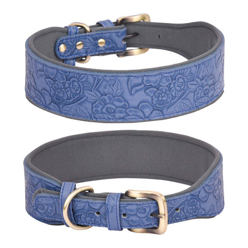 Embossed Leather Pet Collar Soft Space Cotton Backing Dog Collar Medium and Large Dog Collar
