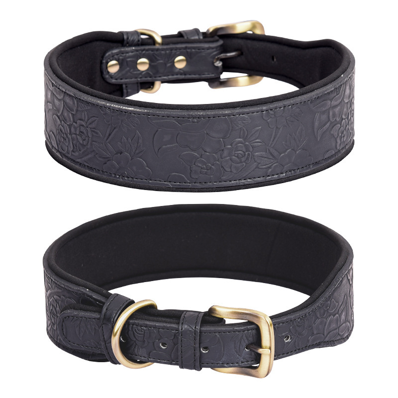 Embossed Leather Pet Collar Soft Space Cotton Backing Dog Collar Medium and Large Dog Collar