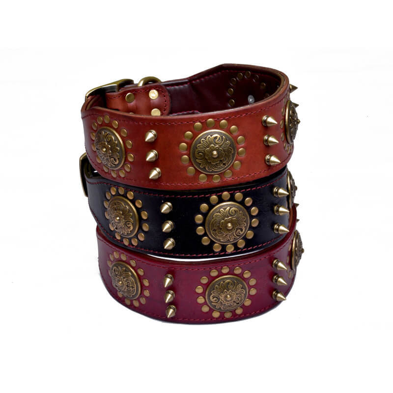 Natural Leather Spiked Dog Collar with Rivet Durable Pet Collar for Large Dogs