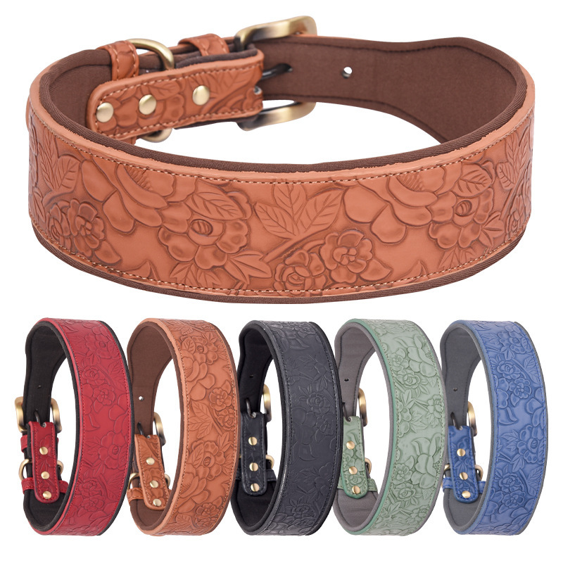 Embossed Leather Pet Collar Soft Space Cotton Backing Dog Collar Medium and Large Dog Collar