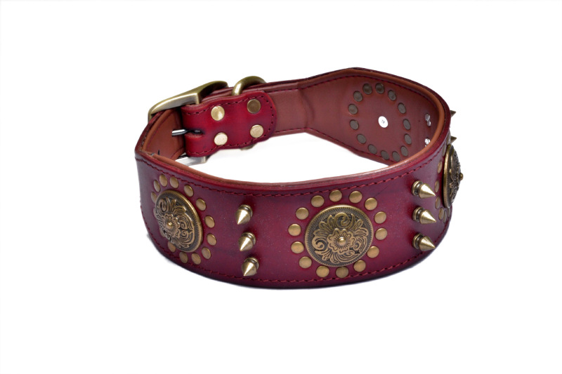 Natural Leather Spiked Dog Collar with Rivet Durable Pet Collar for Large Dogs