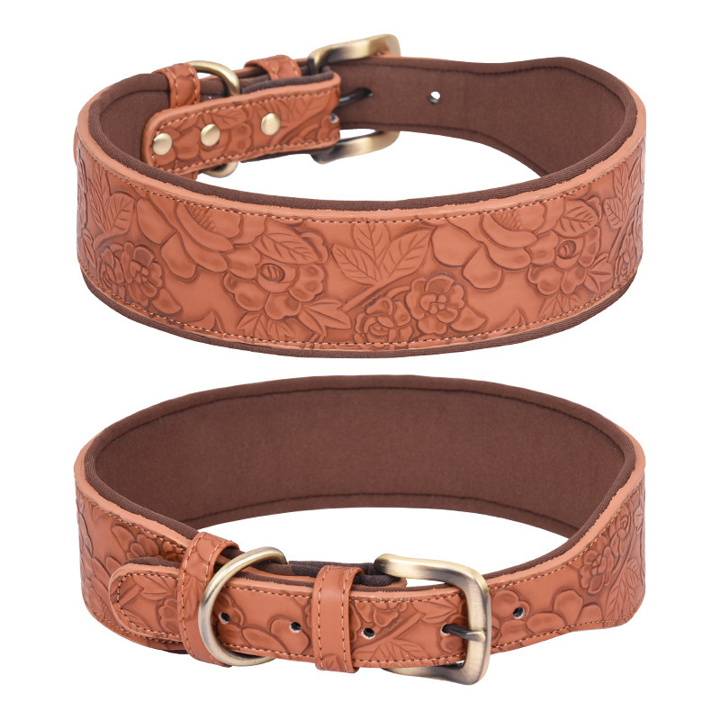 Embossed Leather Pet Collar Soft Space Cotton Backing Dog Collar Medium and Large Dog Collar