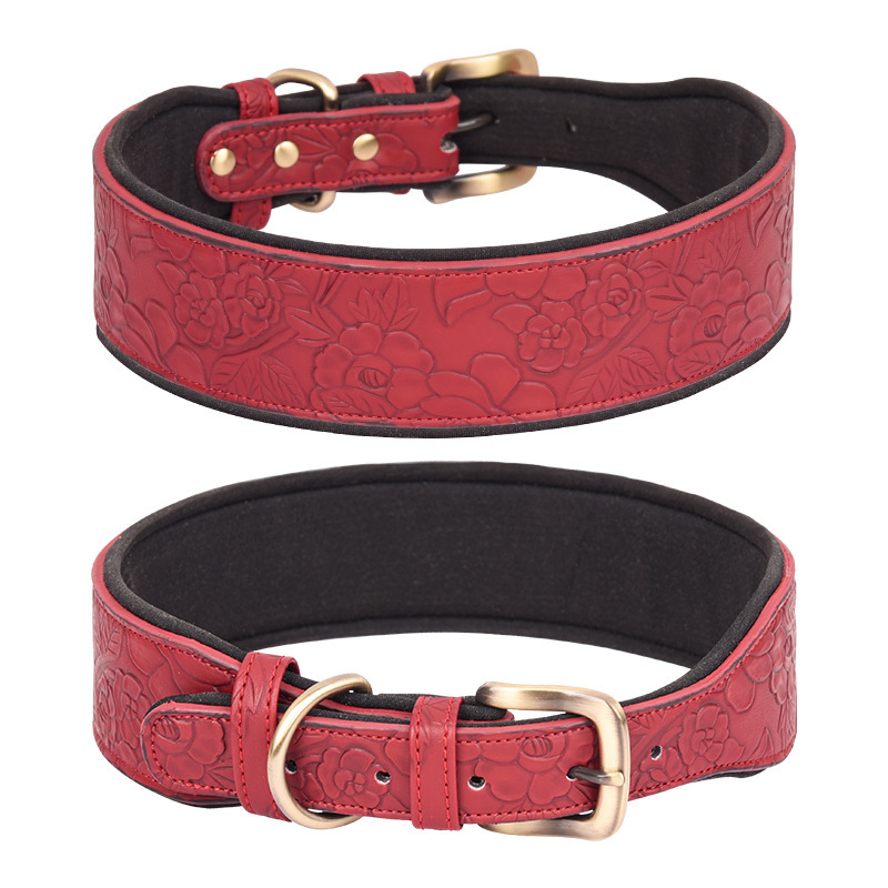 Embossed Leather Pet Collar Soft Space Cotton Backing Dog Collar Medium and Large Dog Collar