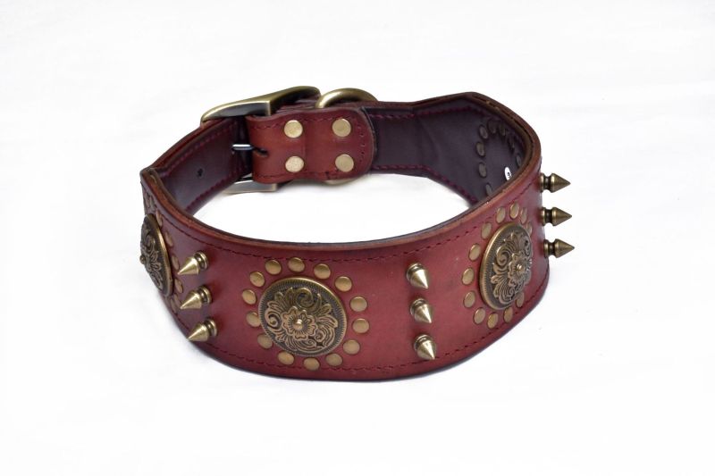 Natural Leather Spiked Dog Collar with Rivet Durable Pet Collar for Large Dogs