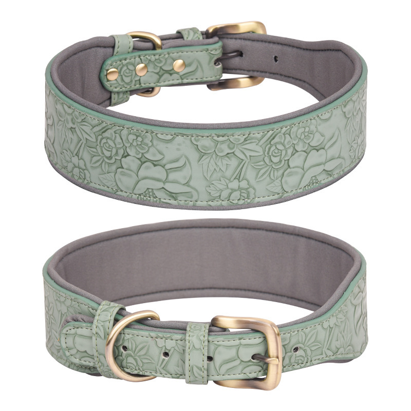 Embossed Leather Pet Collar Soft Space Cotton Backing Dog Collar Medium and Large Dog Collar