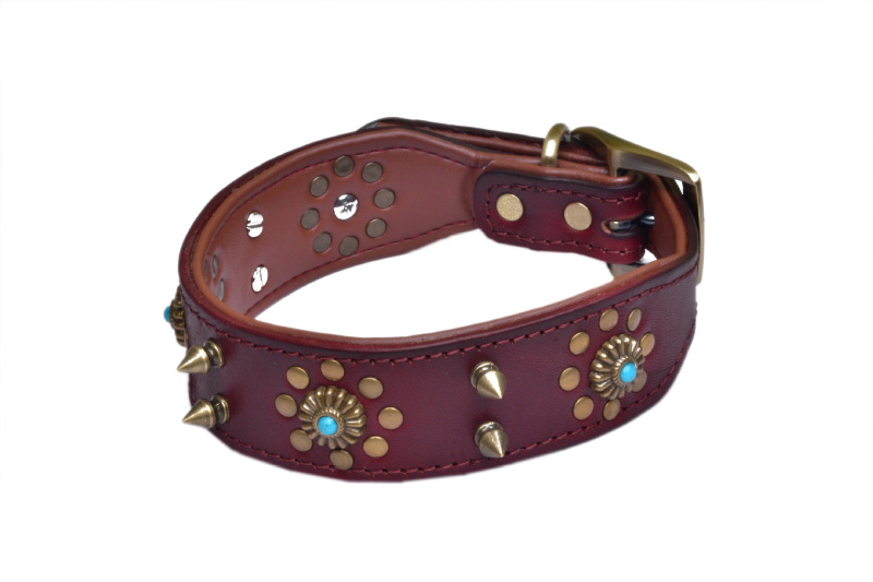 Natural Leather Spiked Dog Collar with Rivet Durable Pet Collar for Large Dogs