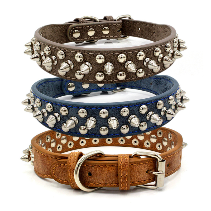 High Quality Adjustable Brass Dog Collar Leather PU Metal Rivets Spike Studded Big Dog Collar