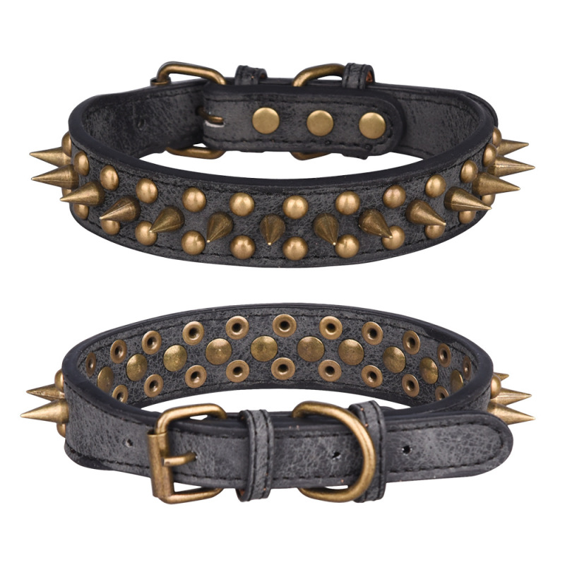 High Quality Adjustable Brass Dog Collar Leather PU Metal Rivets Spike Studded Big Dog Collar