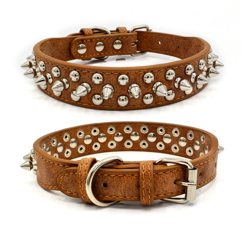 High Quality Adjustable Brass Dog Collar Leather PU Metal Rivets Spike Studded Big Dog Collar