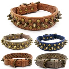 High Quality Adjustable Brass Dog Collar Leather PU Metal Rivets Spike Studded Big Dog Collar