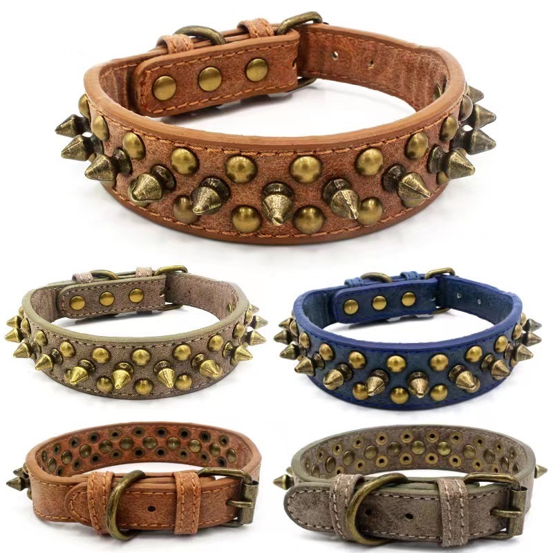 High Quality Adjustable Brass Dog Collar Leather PU Metal Rivets Spike Studded Big Dog Collar